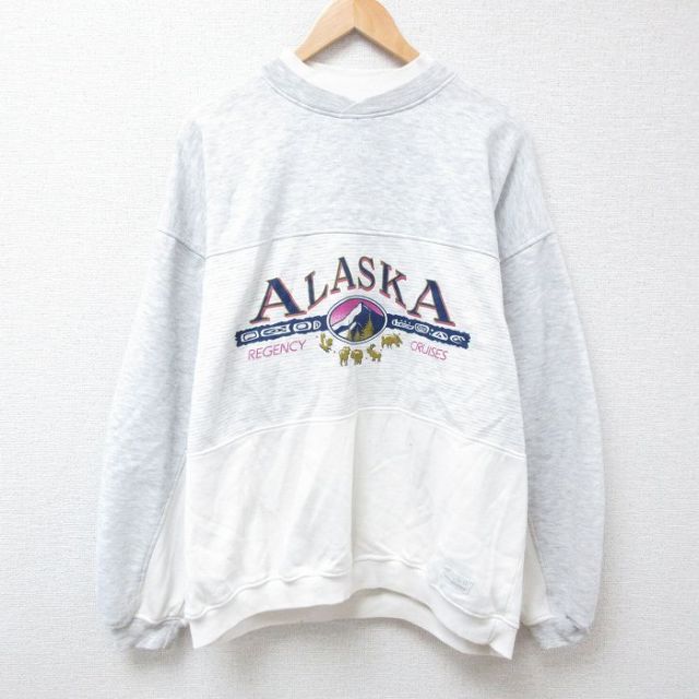 XL★古着 長袖 スウェット メンズ 90年代 90s アラスカ ツートンカラー 大きいサイズ クルーネック 薄グレー他 霜降り 24jan17 中古 スエット トレーナー トップス