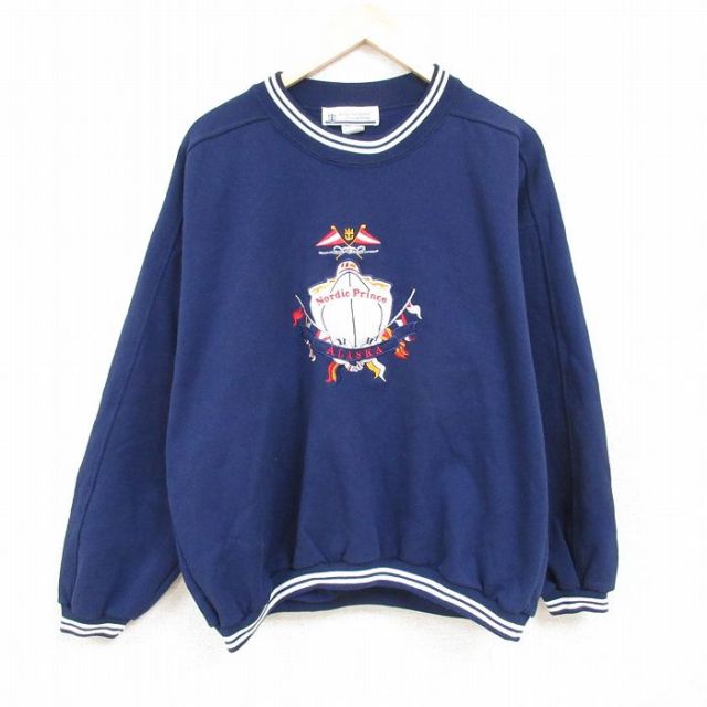 XL★古着 長袖 スウェット メンズ 90年代 90s アラスカ 刺繍 大きいサイズ ラグラン クルーネック USA製 紺 ネイビー 24jan18 中古 スエット トレーナー トップス