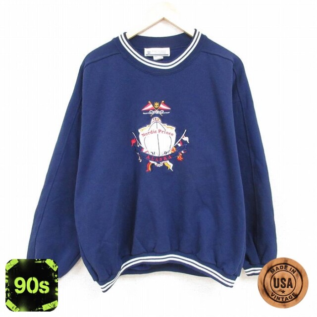 90s ラグラン長袖スウェット アラスカ刺繍 ネイビー メンズXL相当 | 古着