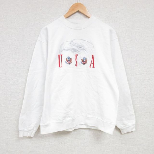 【50%OFF】L★古着 長袖 スウェット メンズ 00年代 00s USA ワシ 刺繍 クルーネック 白 ホワイト 24jan29 中古 スエット トレーナー トップス