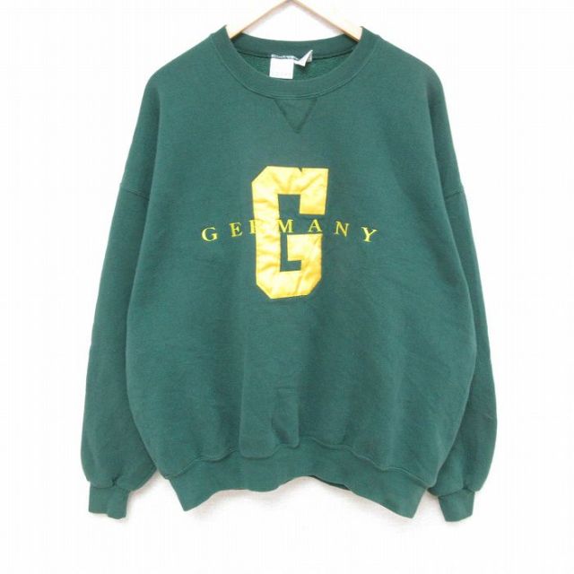 XL★古着 長袖 スウェット メンズ 90年代 90s ドイツ 刺繍 大きいサイズ クルーネック USA製 緑 グリーン 24apr17 中古 スエット トレーナー トップス