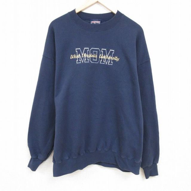 XL★古着 ジャンスポーツ 長袖 スウェット メンズ ウェストバージニア 大学 刺繍 大きいサイズ クルーネック 紺 ネイビー 24may11 中古 スエット トレーナー トップス