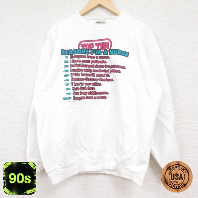 オニータ 90s 長袖スウェット NURSE ホワイト メンズL相当 | 古着