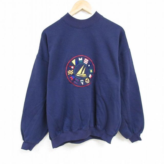 XL★古着 長袖 スウェット メンズ 00年代 00s ヨット 刺繍 大きいサイズ クルーネック 紺 ネイビー 24aug22 中古 スエット トレーナー トップス