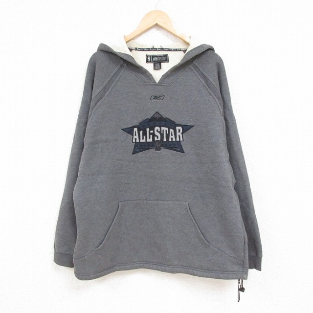 【50%OFF】XL★古着 リーボック REEBOK 長袖 スウェット パーカー メンズ 00年代 00s NBA ALLSTAR 刺繍 大きいサイズ ラグラン Vネック 濃グレー 霜降り 24aug29 中古 スエット トレーナー トップス