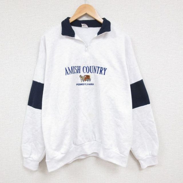 XL★古着 長袖 ハーフジップ スウェット メンズ 90年代 90s アーミッシュ 馬 刺繍 ツートンカラー 大きいサイズ USA製 薄グレー 霜降り 24sep02 中古 スエット トレーナー トップス