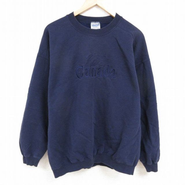 XL★古着 長袖 スウェット メンズ 00年代 00s カナダ 刺繍 大きいサイズ クルーネック 紺 ネイビー 24sep03 中古 スエット トレーナー トップス