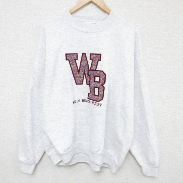 XL★古着 長袖 スウェット メンズ 00年代 00s WB ウェルズ ビーチ 刺繍 大きいサイズ クルーネック 薄グレー 霜降り 24sep04 中古 スエット トレーナー トップス