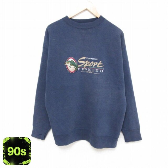 90s 長袖スウェット 魚刺繍 ネイビー L | 古着