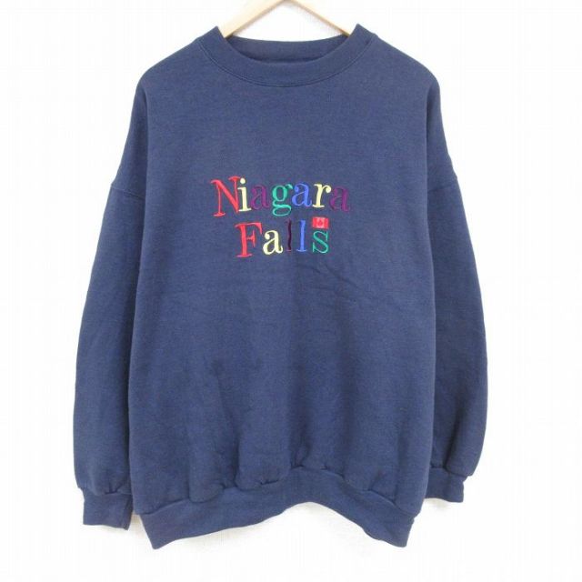 XL★古着 長袖 スウェット メンズ 00年代 00s ナイアガラの滝 刺繍 大きいサイズ クルーネック 紺 ネイビー 24sep07 中古 スエット トレーナー トップス