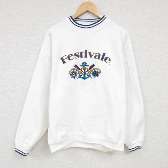 90s ラグラン長袖スウェット イカリ刺繍 ホワイト XL | 古着