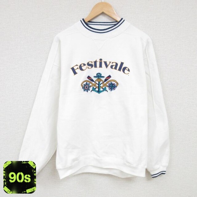 90s ラグラン長袖スウェット イカリ刺繍 ホワイト XL | 古着