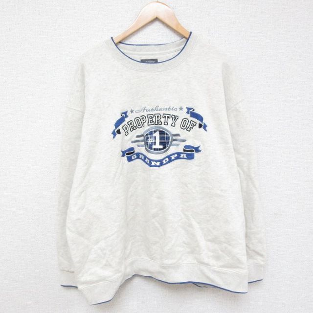 XL★古着 長袖 スウェット メンズ GRANDPA 刺繍 大きいサイズ クルーネック 薄グレー 霜降り 24sep09 中古 スエット トレーナー トップス