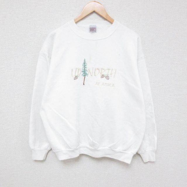 【50%OFF】アラスカ 90s 長袖スウェット 木刺繍 ホワイト L | 古着