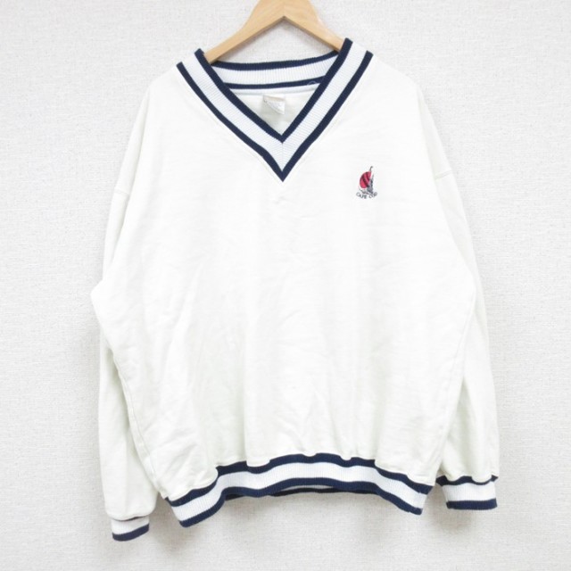 90s 長袖スウェット Vネック ホワイト XL | 古着