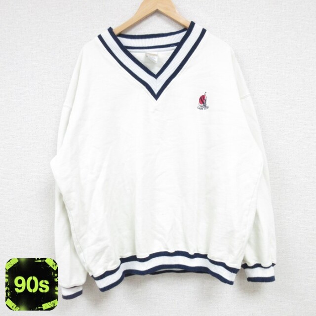 90s 長袖スウェット Vネック ホワイト XL | 古着