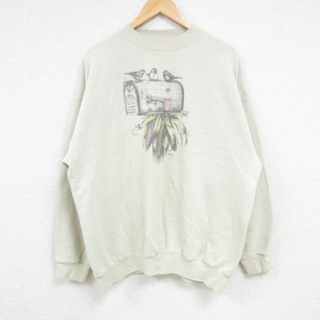 XL★古着 TULTEX 長袖 スウェット メンズ 90年代 90s 鳥 クルーネック 薄ベージュ カーキ 24sep19 中古 スエット トレーナー トップス