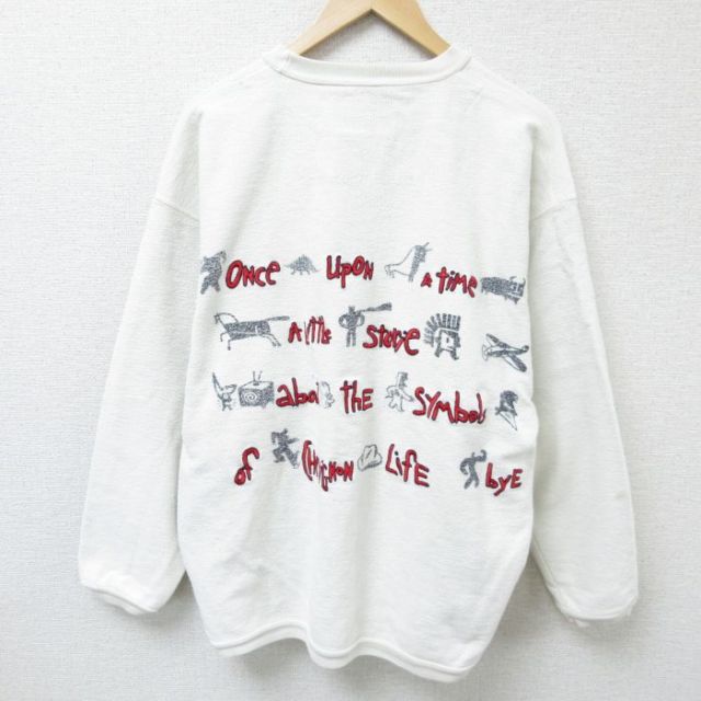 XL★古着 長袖 トップス メンズ 00年代 00s 恐竜 飛行機 刺繍 コットン クルーネック 白 ホワイト 24sep20 中古 スエット トレーナー