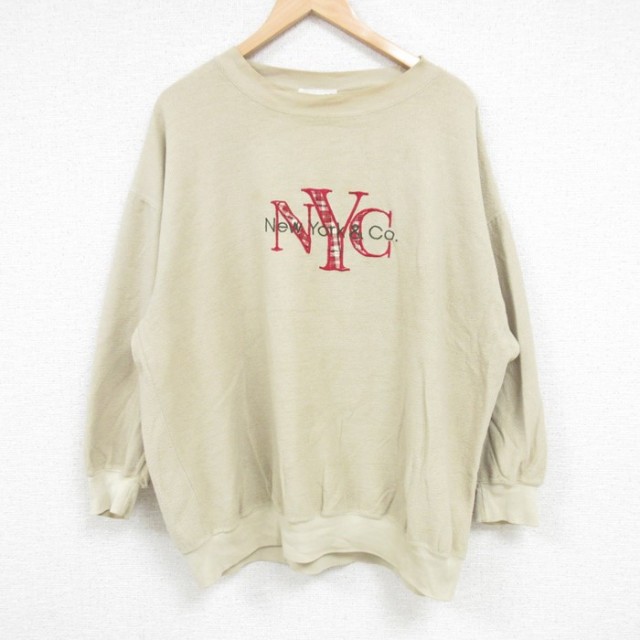 XL★古着 長袖 スウェット メンズ 00年代 00s NYC 刺繍 表起毛 クルーネック ベージュ カーキ 【spe】 24oct02 中古 スエット トレーナー トップス