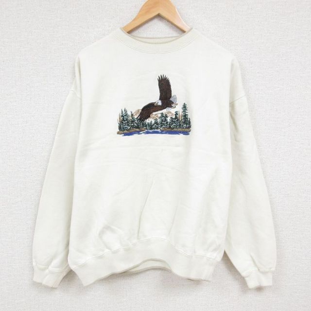 XL★古着 長袖 スウェット メンズ 00年代 00s ワシ 刺繍 大きいサイズ クルーネック 生成り 24oct21 中古 スエット トレーナー トップス