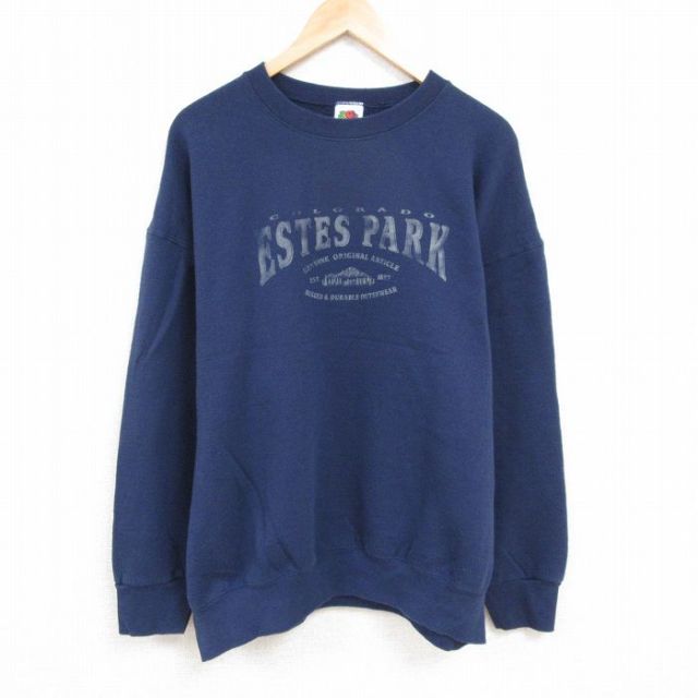 XL★古着 フルーツオブザルーム 長袖 スウェット メンズ 00年代 00s エステスパーク 大きいサイズ クルーネック 紺 ネイビー 24oct22 中古 スエット トレーナー トップス