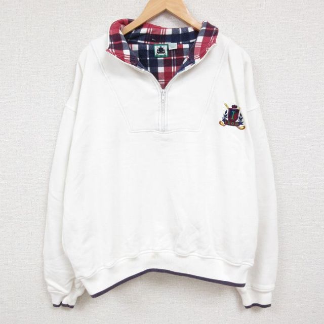 XL★古着 IZOD 長袖 ハーフジップ スウェット メンズ 90年代 90s ワンポイントロゴ 大きいサイズ 白 ホワイト 24oct22 中古 スエット トレーナー トップス