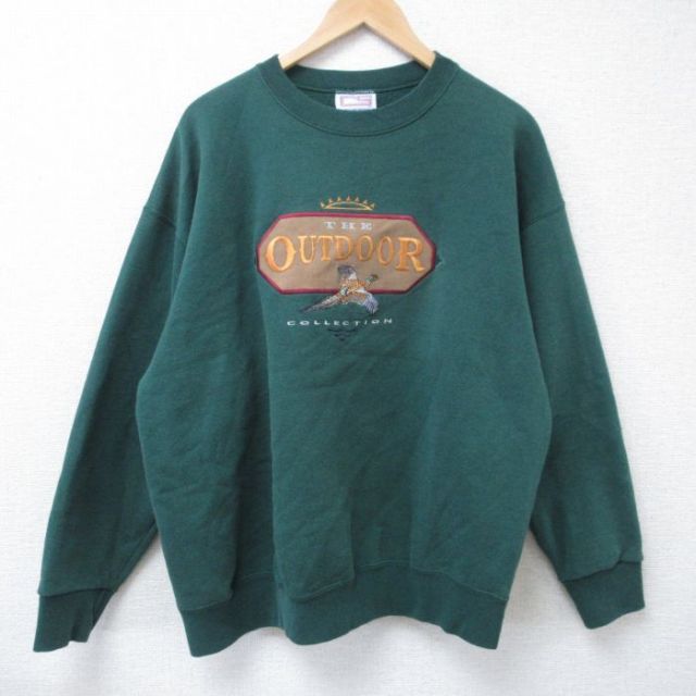 【50%OFF】L★古着 長袖 スウェット メンズ 00年代 00s アウトドア 鳥 刺繍 クルーネック 濃緑 グリーン 24oct24 中古 スエット トレーナー トップス