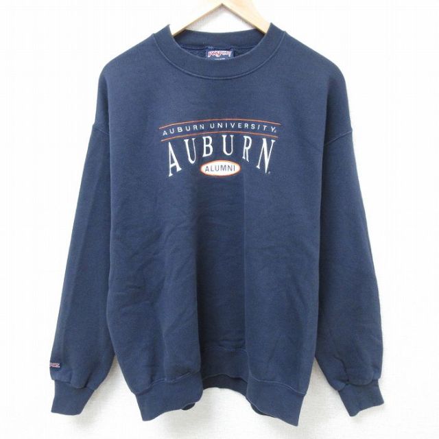 【50%OFF】L★古着 ジャンスポーツ 長袖 スウェット メンズ 00年代 00s オーバーン 大学 刺繍 クルーネック USA製 紺 ネイビー 24oct19 中古 スエット トレーナー トップス
