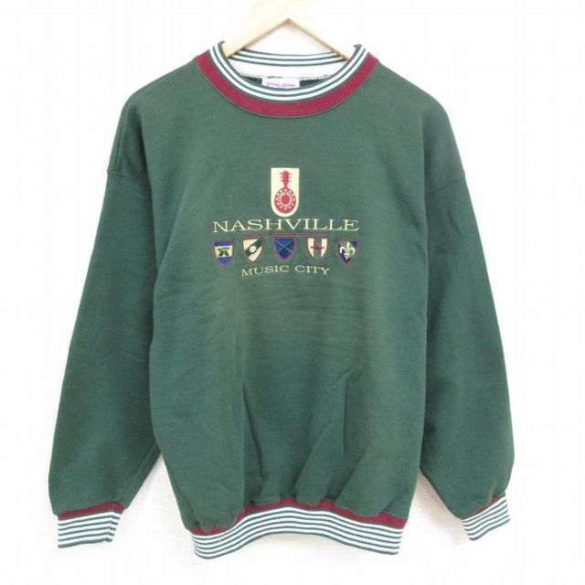 XL★古着 長袖 スウェット メンズ 00年代 00s ナッシュビル 刺繍 クルーネック 緑 グリーン 24oct26 中古 スエット トレーナー トップス