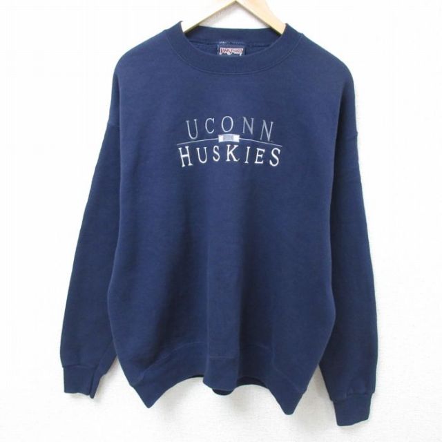XL★古着 ジャンスポーツ 長袖 スウェット メンズ 90年代 90s UCONN HUSKIES 刺繍 クルーネック USA製 紺 ネイビー 24oct29 中古 スエット トレーナー トップス