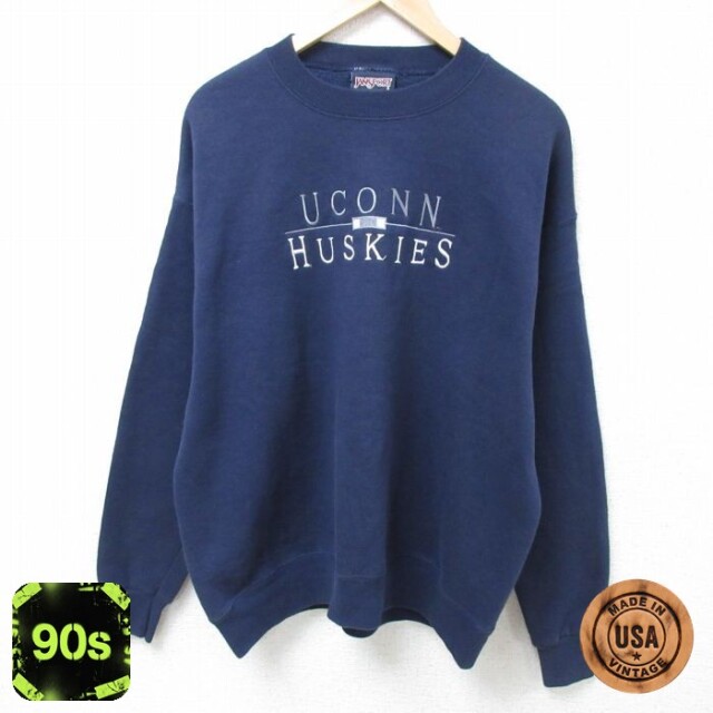 ジャンスポーツ 90s 長袖スウェット UCONN HUSKIES刺繍 ネイビー メンズXL相当 | 古着
