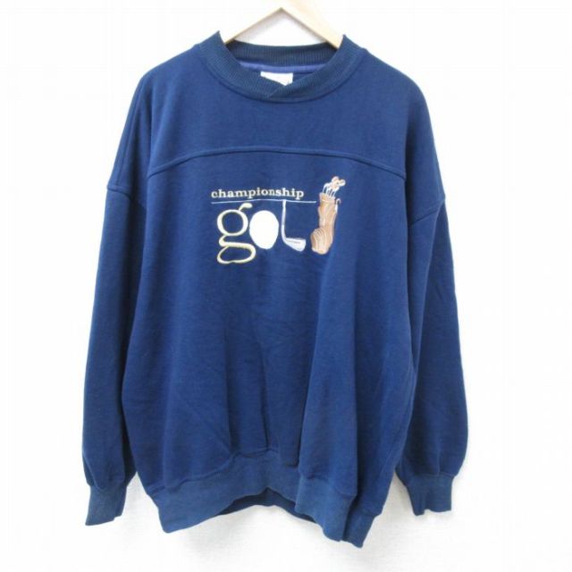 XL★古着 長袖 スウェット メンズ 00年代 00s ゴルフ 刺繍 大きいサイズ クルーネック 紺 ネイビー 24oct30 中古 スエット トレーナー トップス