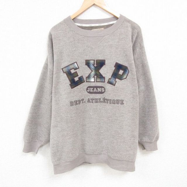 XL★古着 EXPRESS 長袖 スウェット メンズ 00年代 00s ビッグロゴ 刺繍 表起毛 大きいサイズ クルーネック グレー 24nov02 中古 スエット トレーナー トップス