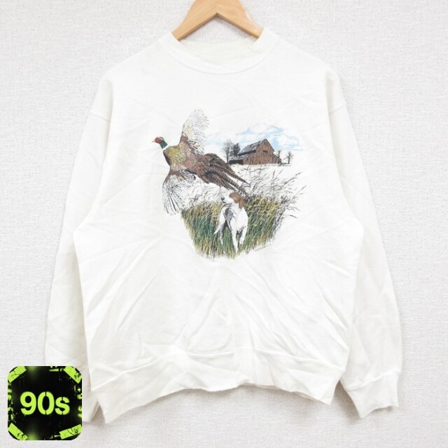ヘインズ 90s 長袖スウェット 鳥 犬 ホワイト メンズM相当 | 古着