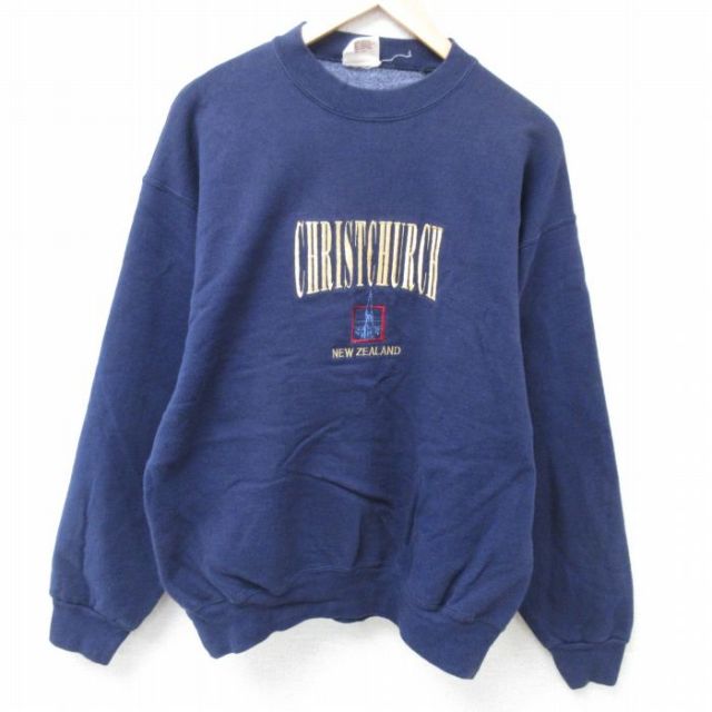 【50%OFF】L★古着 長袖 スウェット メンズ 00年代 00s クライストチャーチ ニュージーランド 刺繍 コットン クルーネック 紺 ネイビー 24nov08 中古 スエット トレーナー トップス