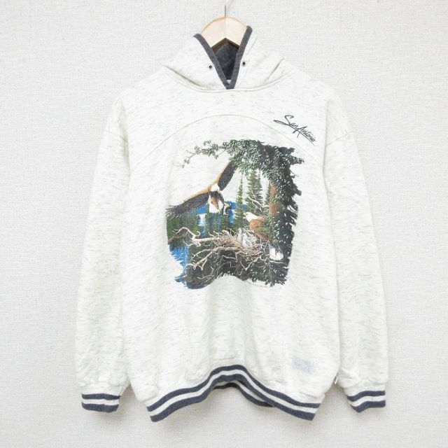 90s 長袖パーカー 木鳥 ホワイト XL | 古着