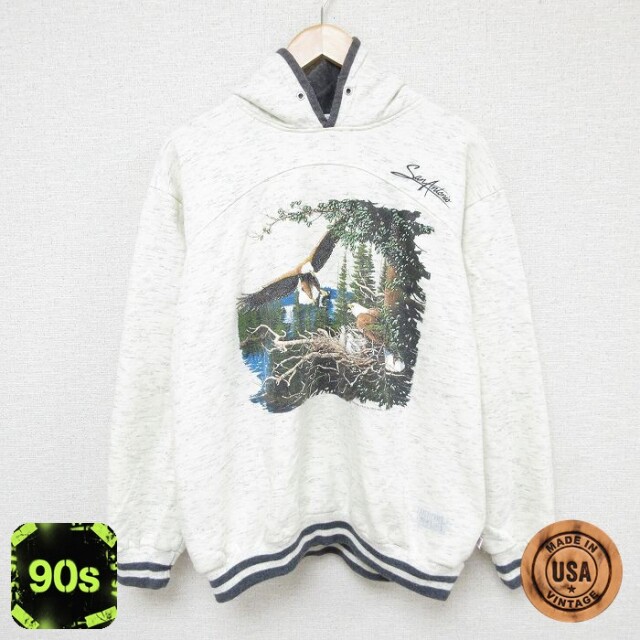 90s 長袖パーカー 木鳥 ホワイト XL | 古着