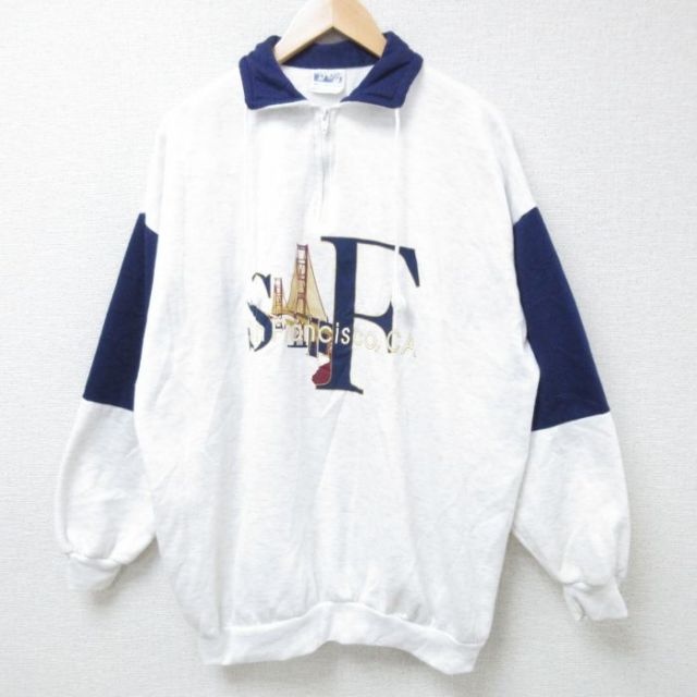 XL★古着 長袖 ハーフジップ スウェット メンズ 90年代 90s サンフランシスコ 橋 ツートンカラー 大きいサイズ USA製 薄グレー他 霜降り 24nov07 中古 スエット トレーナー トップス