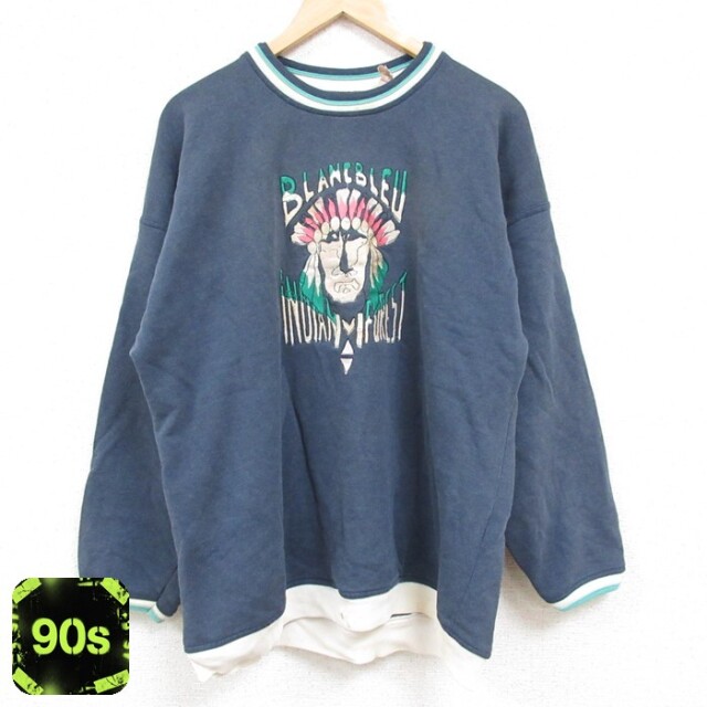 90s 長袖スウェット インディアン刺繍 ネイビー メンズL相当 | 古着
