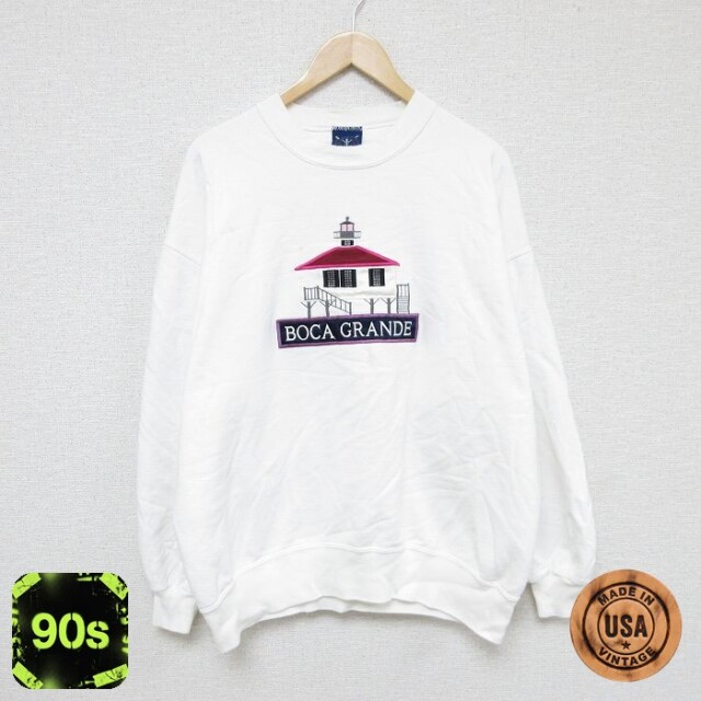 90s 長袖スウェット 家刺繍 ホワイト XL | 古着