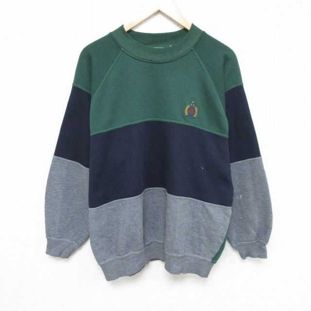 【50%OFF】L★古着 ビューグルボーイ 長袖 スウェット メンズ 00年代 00s ワンポイントロゴ マルチカラー ラグラン クルーネック 緑他 グリーン 【spe】 24nov28 中古 スエット トレーナー トップス