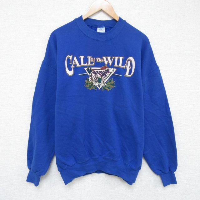 XL★古着 長袖 スウェット メンズ 90年代 90s オオカミ クルーネック USA製 青 ブルー 24nov30 中古 スエット トレーナー トップス