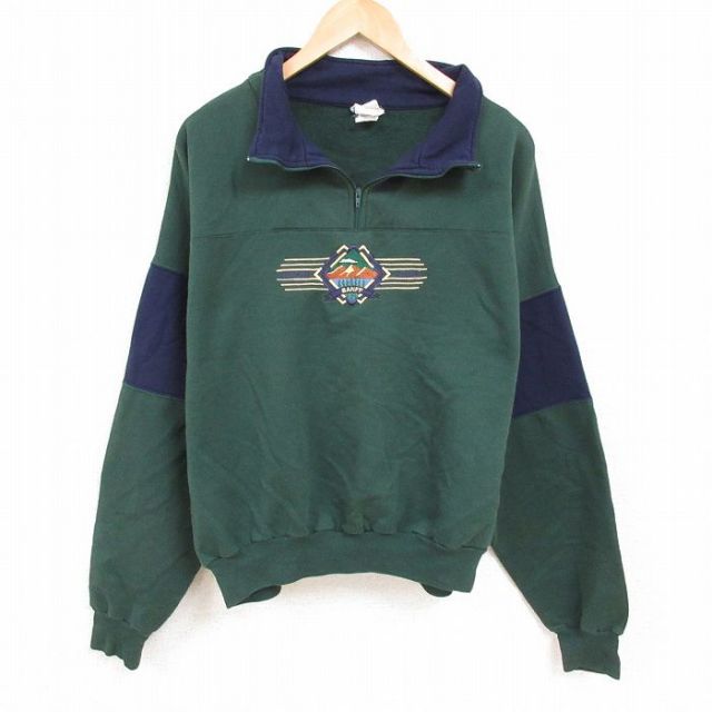 XL★古着 長袖 ハーフジップ スウェット メンズ 90年代 90s 刺繍 ツートンカラー 大きいサイズ カナダ製 濃緑他 グリーン 24dec14 中古 スエット トレーナー トップス