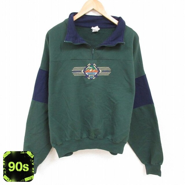 90s 長袖ハーフジップスウェット 刺繍 グリーン メンズXL相当 | 古着