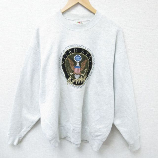 【50%OFF】XL★古着 フルーツオブザルーム 長袖 スウェット メンズ 00年代 00s ミリタリー アーミー ARMY 刺繍 クルーネック 薄グレー 霜降り 25jan09 中古 スエット トレーナー トップス
