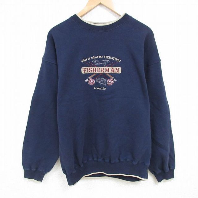XL★古着 長袖 スウェット メンズ 00年代 00s 釣り 刺繍 大きいサイズ クルーネック 紺 ネイビー 24dec25 中古 スエット トレーナー トップス