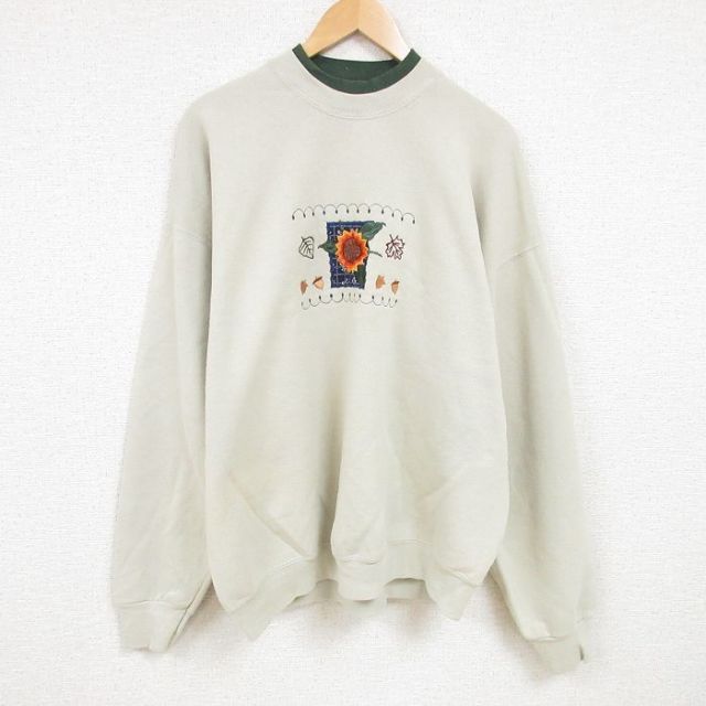 フルーツオブザルーム 00s 長袖スウェット ヒマワリ刺繍 グリーン XL | 古着
