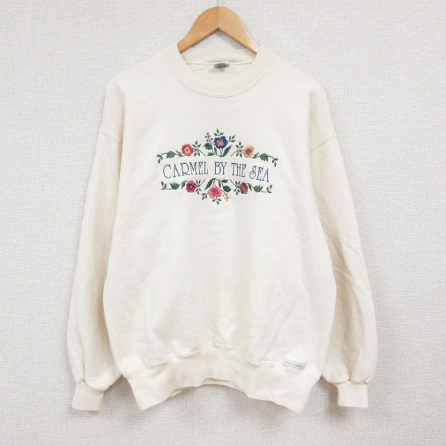 【50%OFF】L★古着 Crazy Shirts 長袖 スウェット メンズ カーメルバイザシー 花 刺繍 クルーネック 生成り 25jan06 中古 スエット トレーナー トップス
