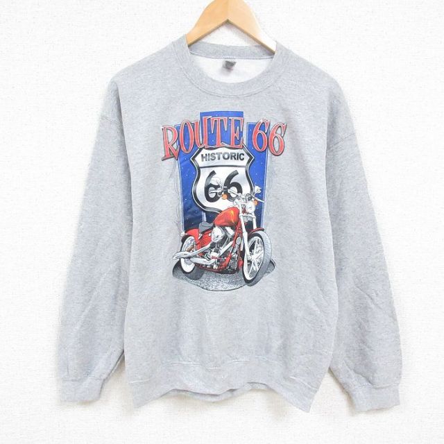 【50%OFF】L★古着 長袖 スウェット メンズ ROUTE66 クルーネック グレー 霜降り 25jan06 中古 スエット トレーナー トップス