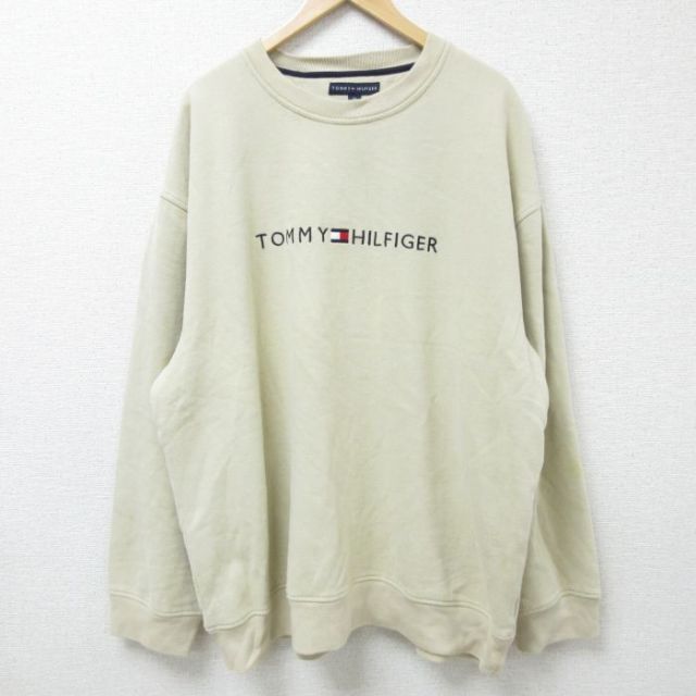 【50%OFF】XL★古着 トミーヒルフィガー TOMMY HILFIGER 長袖 ブランド スウェット メンズ 00年代 00s ビッグロゴ 刺繍 大きいサイズ クルーネック ベージュ カーキ 【spe】 25jan10 中古 スエット トレーナー トップス
